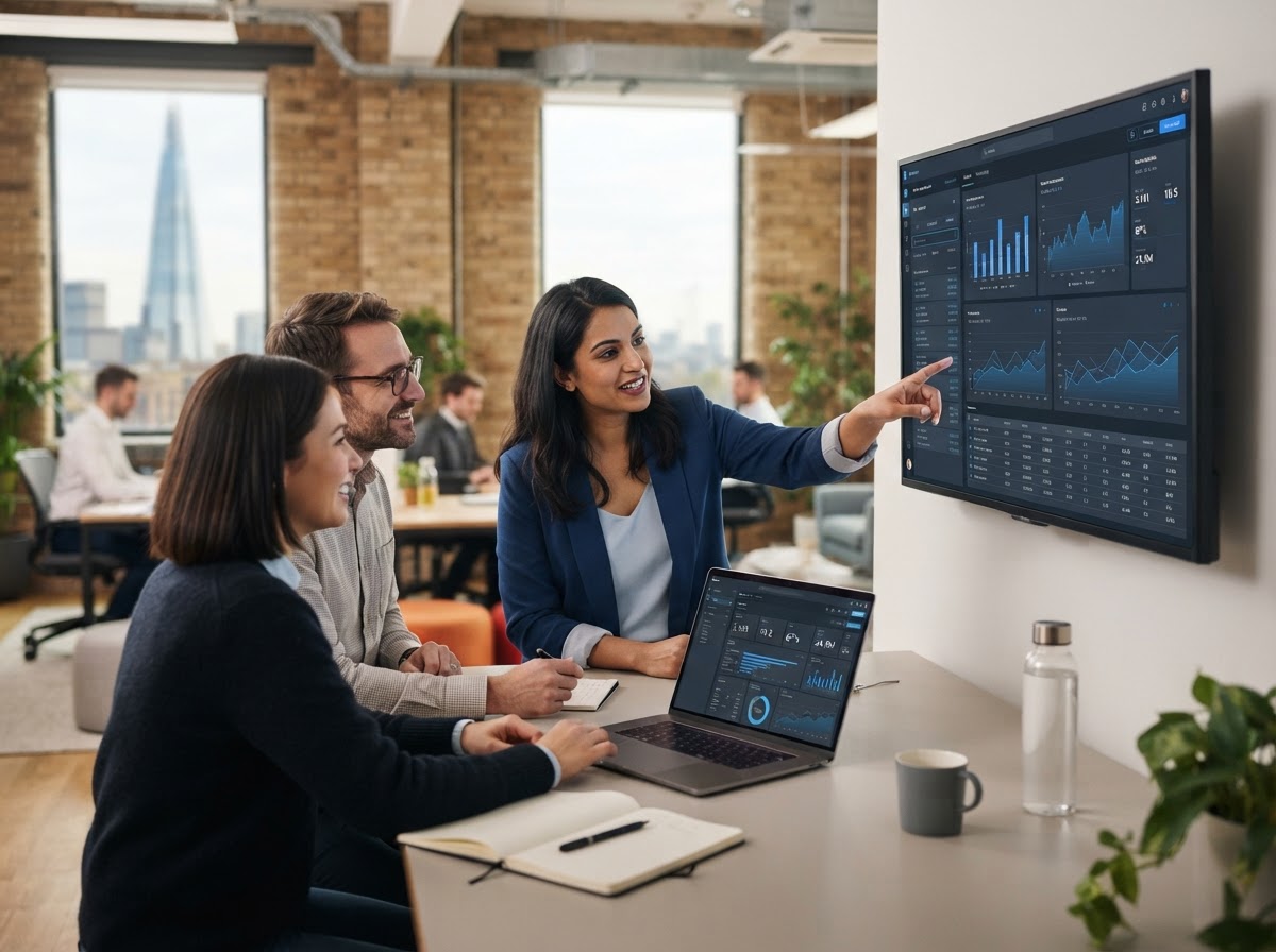 Nurholdance analysts reviewing AI-generated strategy data on screen